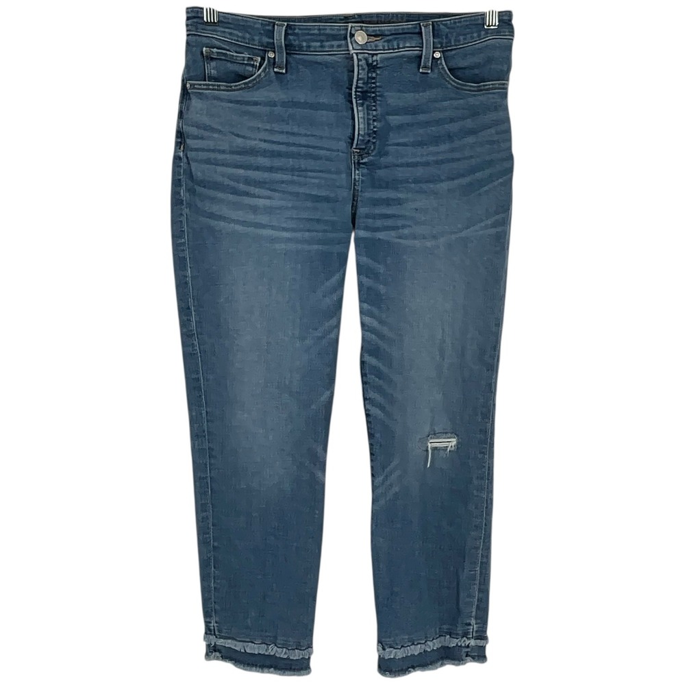 Chicos SO Slimming Girlfriend Crop Jeans Distressed Frayed Hem Blue Sz 1 Sm Us 8
